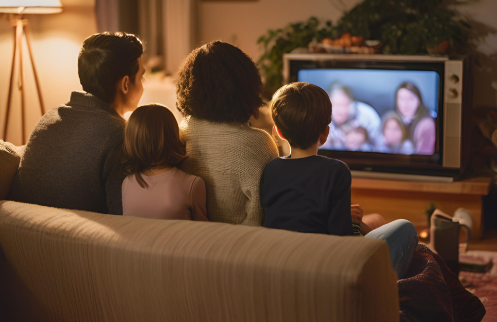 imagem de família vendo tv a noite em casa