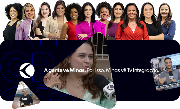 A imagem contém as ancôras do jornalismo da tv integração. A gente vê Minas. Por isso, Minas vê Tv Integração